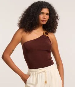 Body em Microfibra com Decote Ombro Só e Detalhe Metalizado