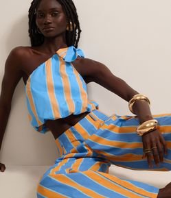 Calça Reta Cintura Alta em Tricoline com Listras Verticais