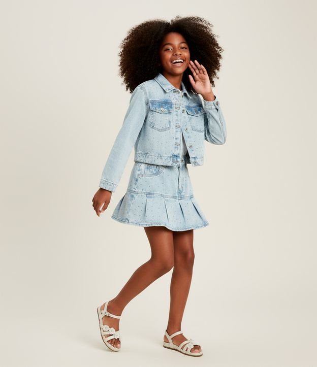 Jaqueta Regular Infantil em Jeans com Brilhos Aplicados - Tam 5 a 14 Anos