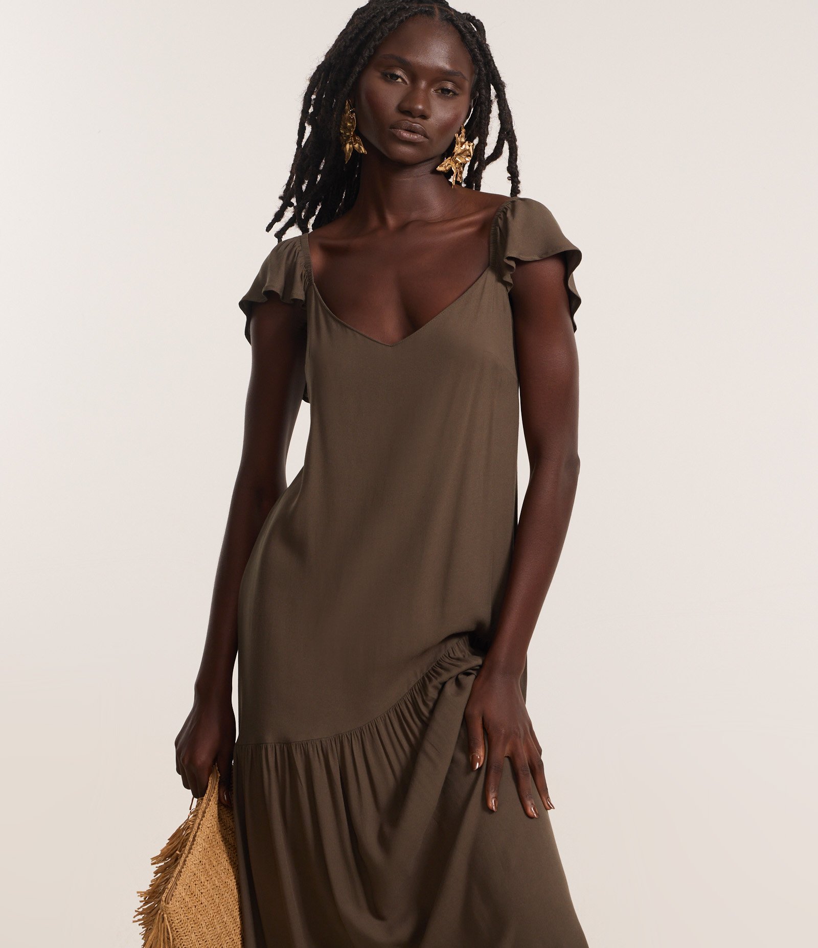 Vestido Longo em Chalis com Babado Assimétrico Verde 1