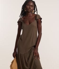 Vestido Longo em Chalis com Babado Assimétrico