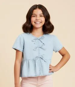 Blusa Regular Infantil em Jeans com Lacinhos - Tam 5 a 14 Anos