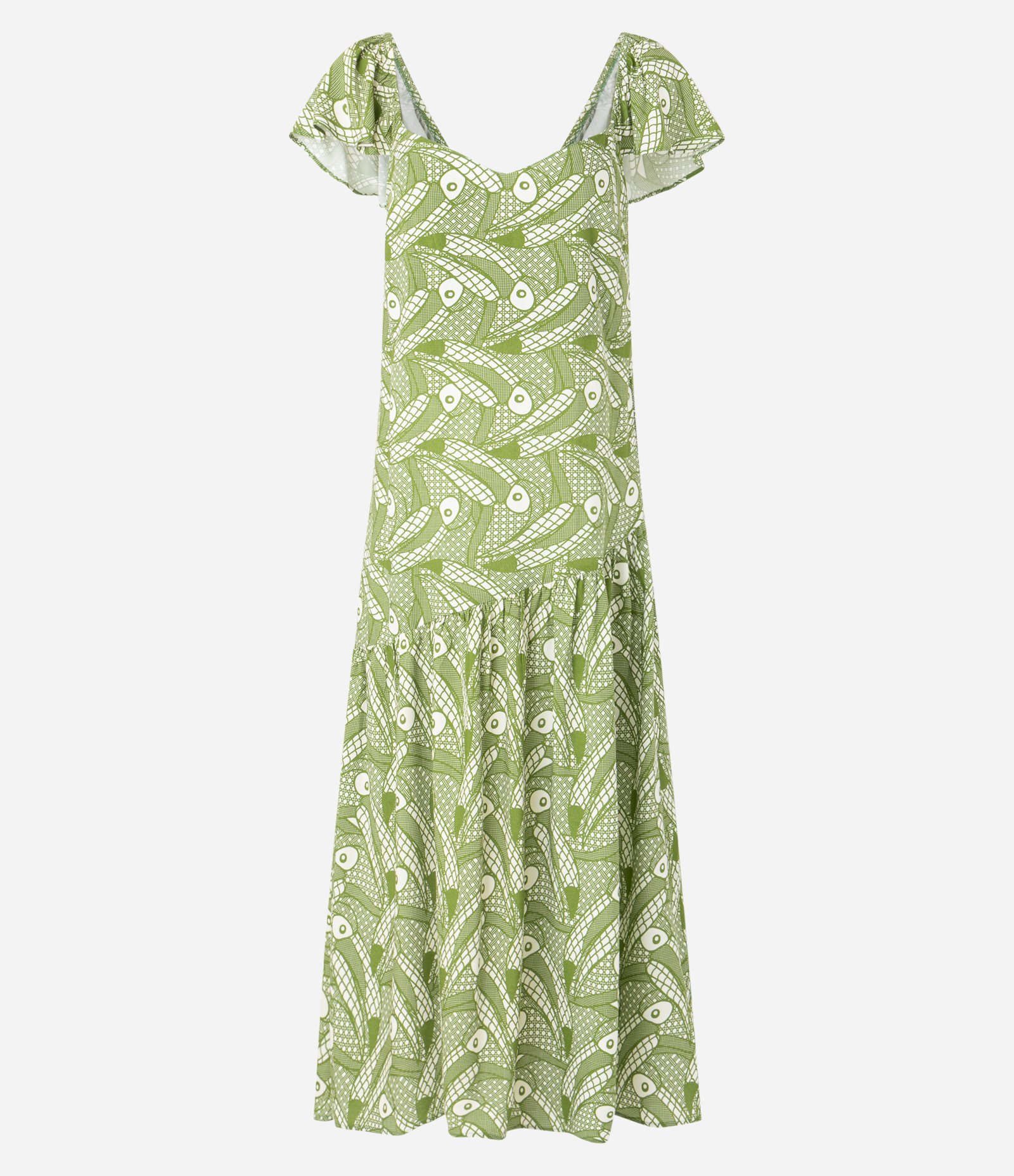 Vestido Longo em Chalis com Estampa de Tucanos Grandes e Babado Assimétrico Verde 1