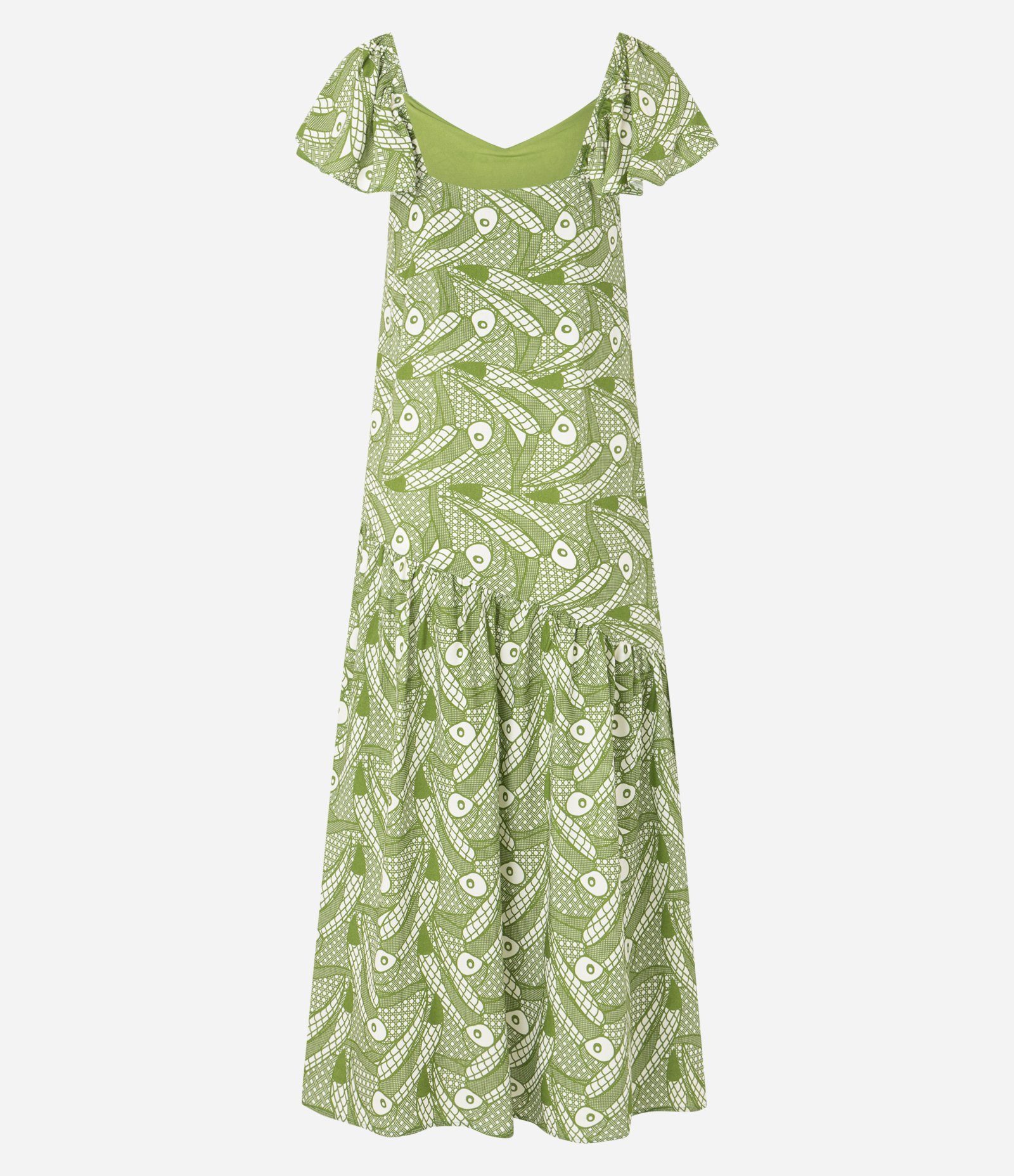 Vestido Longo em Chalis com Estampa de Tucanos Grandes e Babado Assimétrico Verde 2
