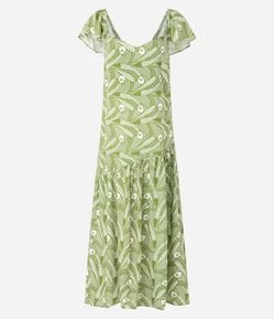 Vestido Longo em Chalis com Estampa de Tucanos Grandes e Babado Assimétrico