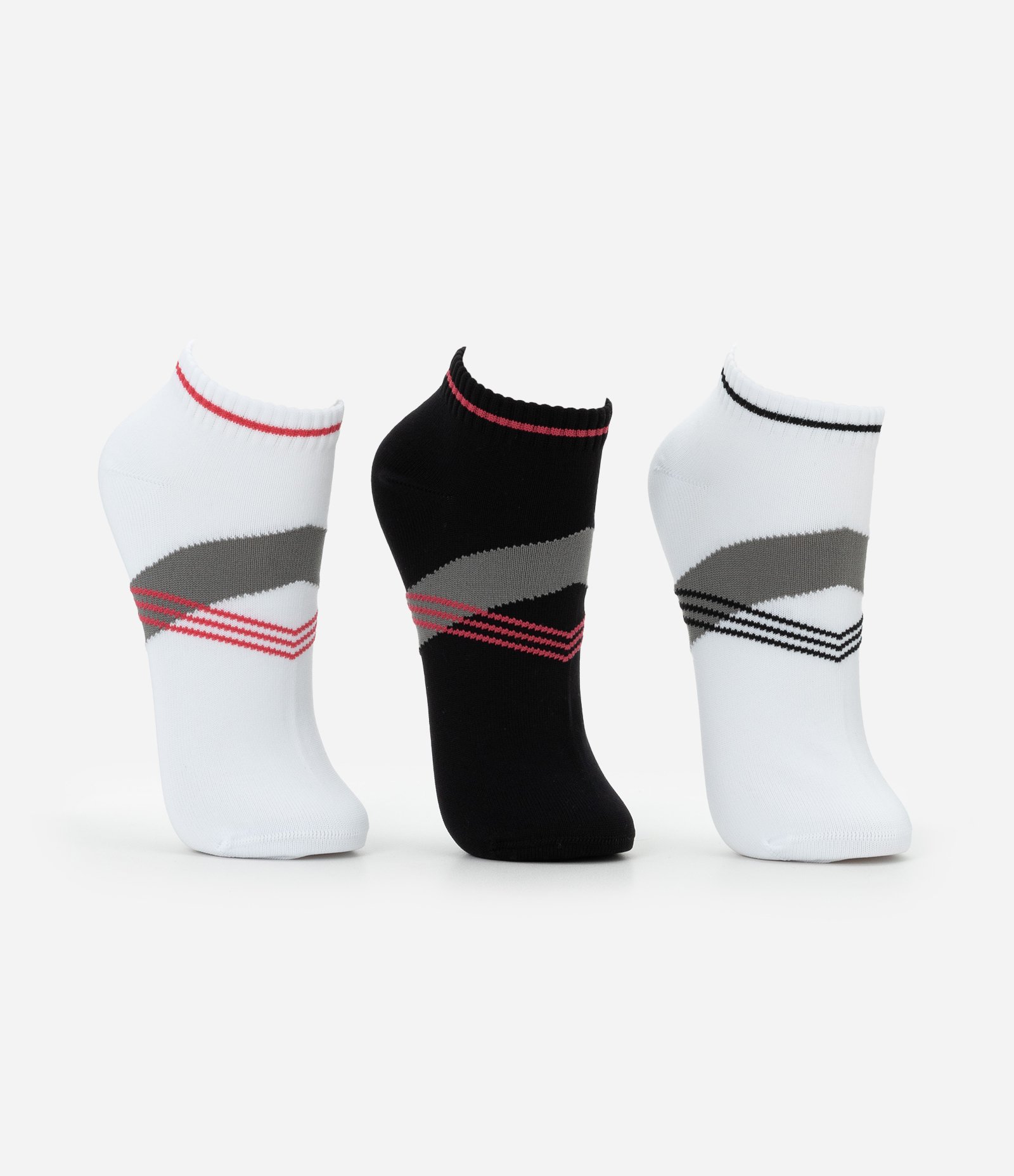 Kit 03 Meias Cano Baixo Esportivas em Poliamida com Estampa de Listras Branco/Preto 2
