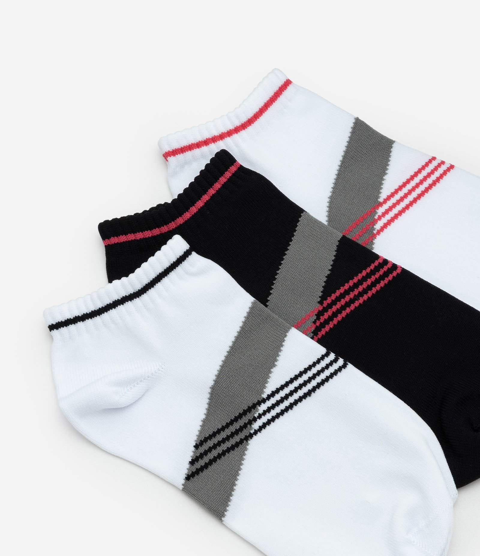 Kit 03 Meias Cano Baixo Esportivas em Poliamida com Estampa de Listras Branco/Preto 4