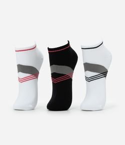 Kit 03 Meias Cano Baixo Esportivas em Poliamida com Estampa de Listras