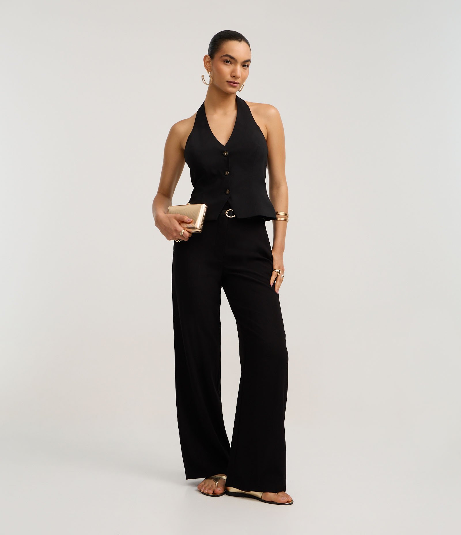 Calça Wide Leg Alfaiatada em Crepe com Cinto PU Preto 1