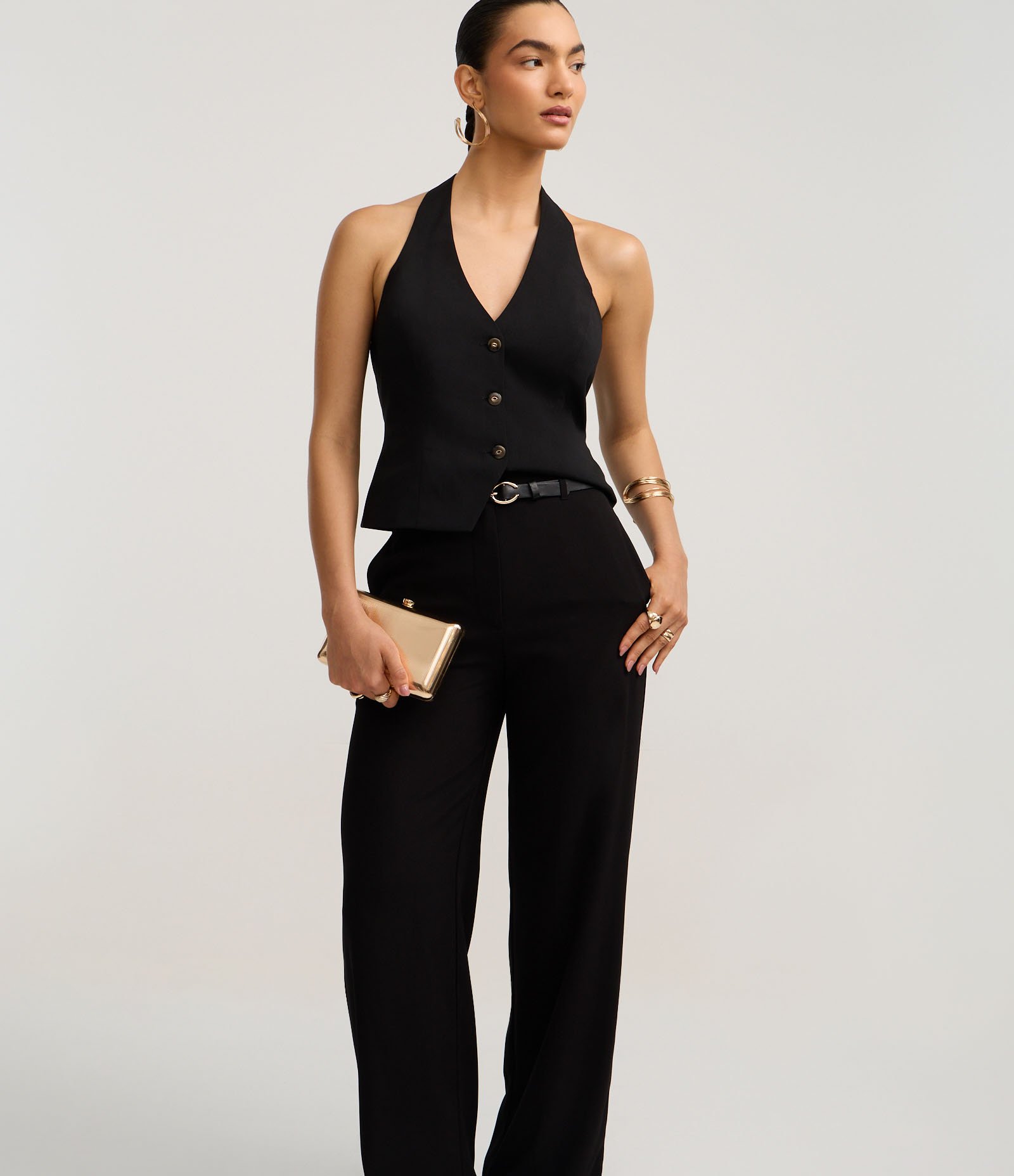 Calça Wide Leg Alfaiatada em Crepe com Cinto PU Preto 2