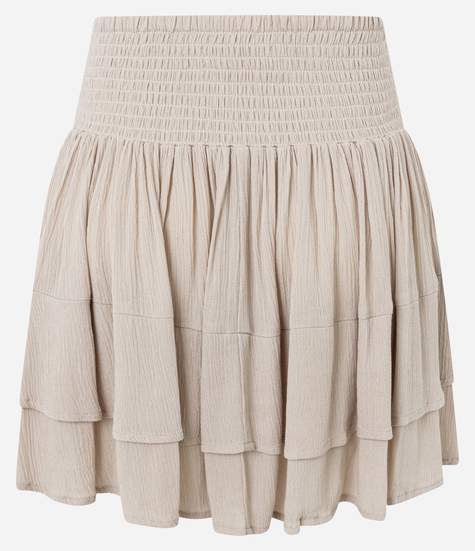 Saia Curta em Viscose com Lastex e Babados French Oak 2