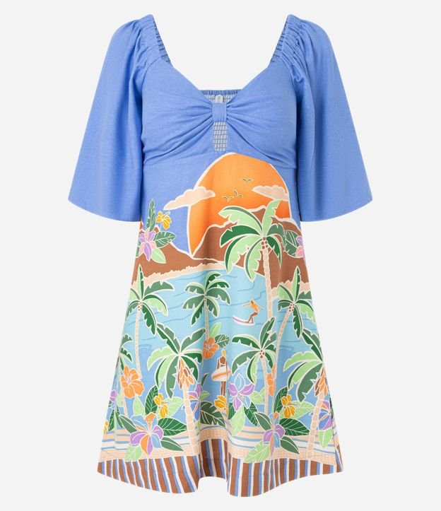 Vestido Evasê em Viscolinho com Amarração no Busto e Estampa Tropical