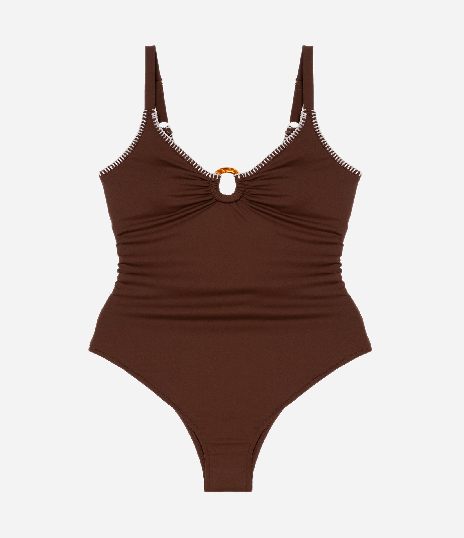 Maiô Triângulo em Microfibra com Crochê Contrastante e Anel de Resina Curve & Plus Size Marrom 4