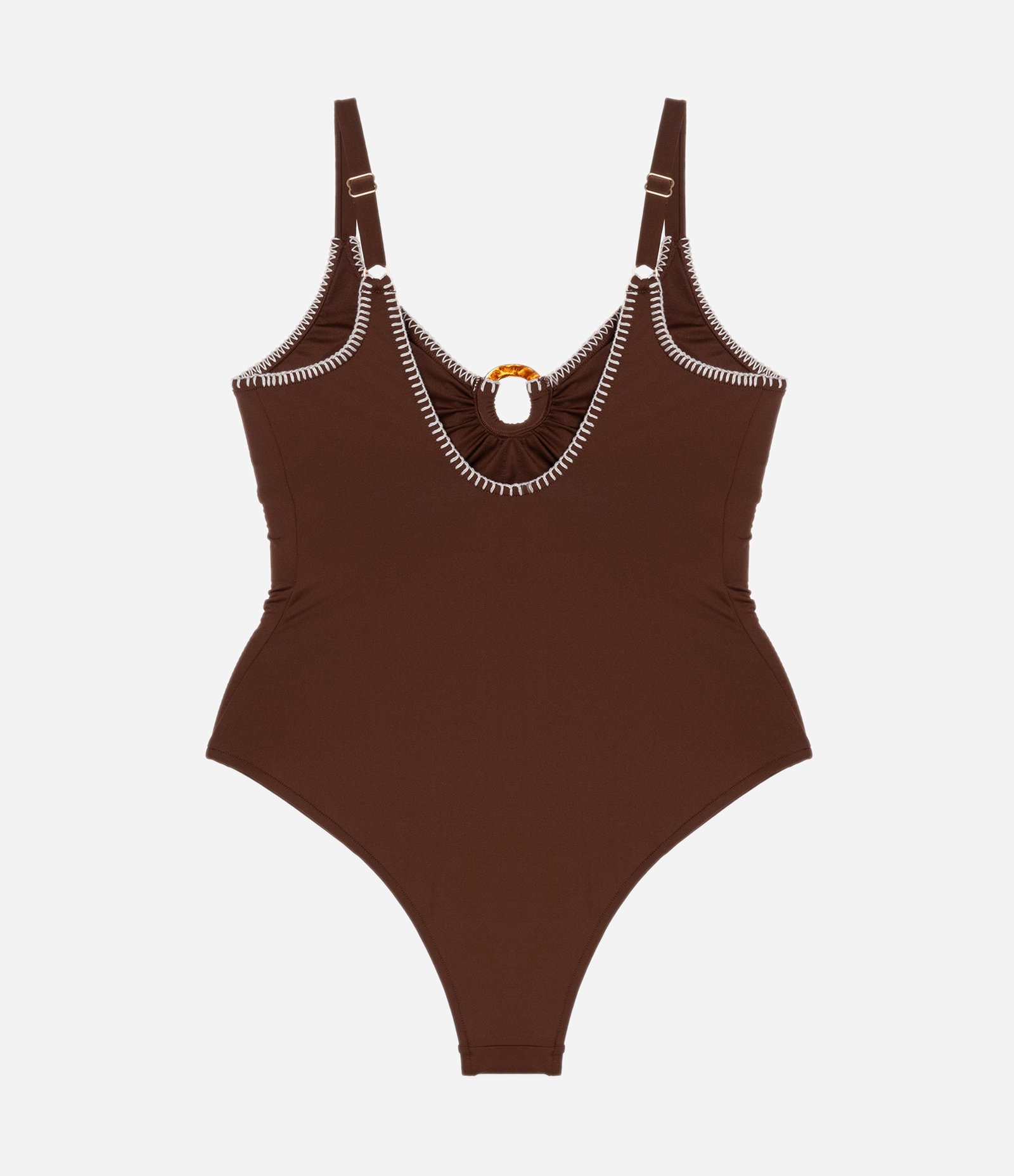 Maiô Triângulo em Microfibra com Crochê Contrastante e Anel de Resina Curve & Plus Size Marrom 5