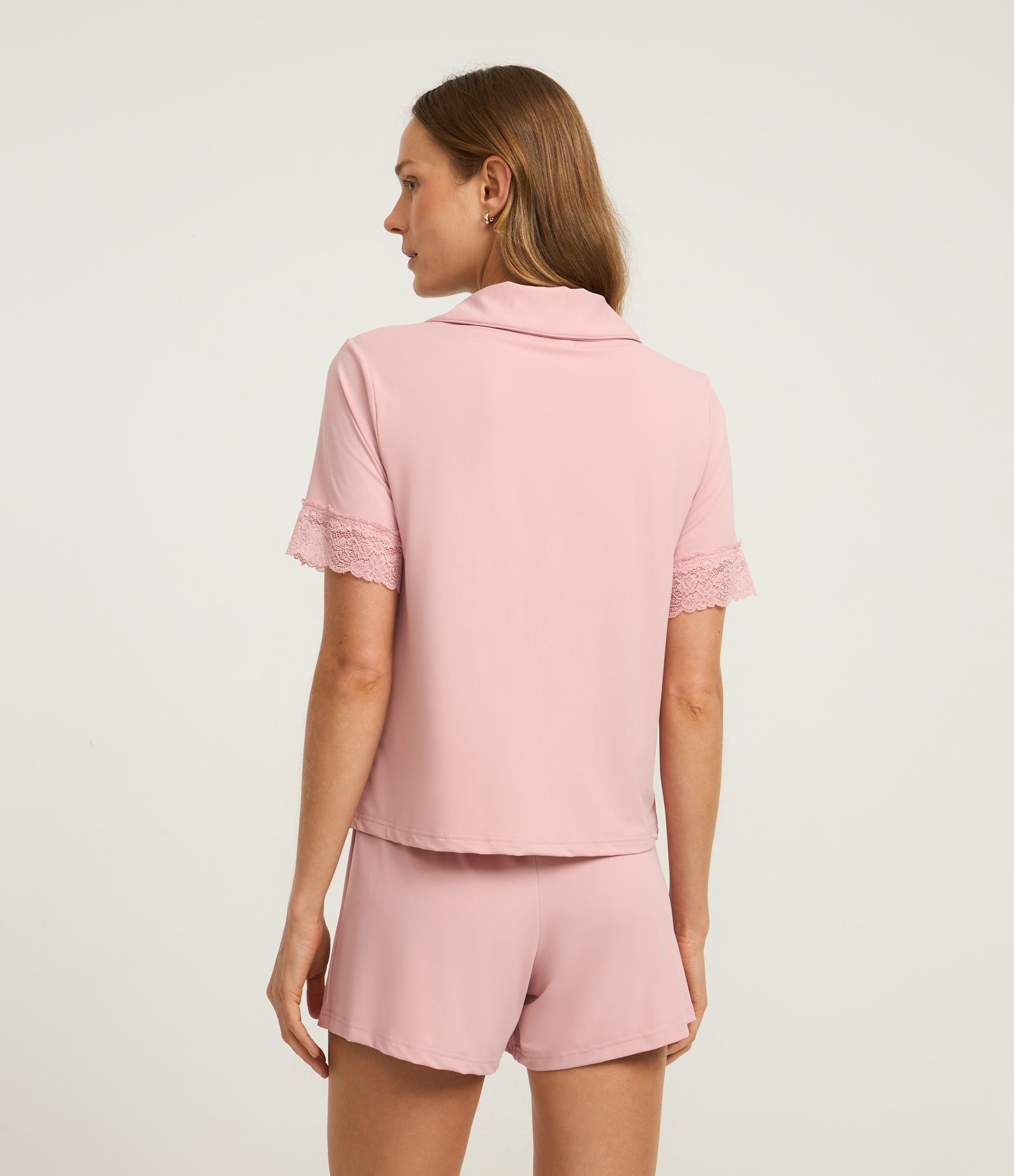 Pijama Short Doll Americano em Microfibra com Rendinha Rosa 4