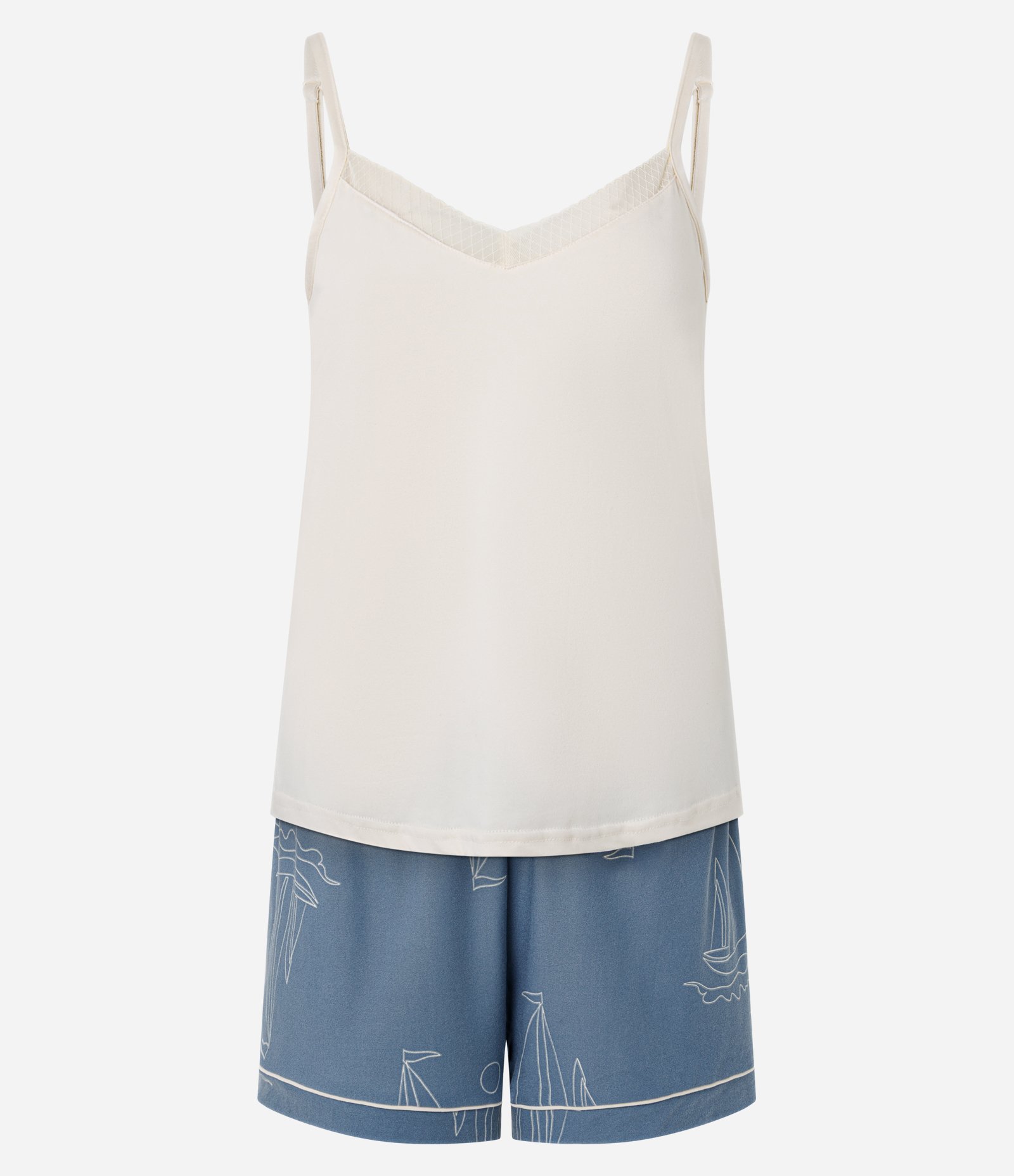 Pijama Short Doll Alcinha com Estampa de Barco Branco/Azul 1