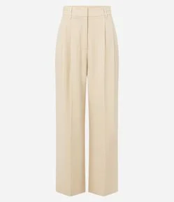 Calça Wide Leg Alfaiatada em Crepe com Pregas e Frisos