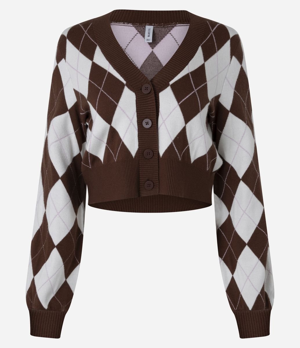 Cardigan Cropped em Jacquard Xadrez Argyle Branco