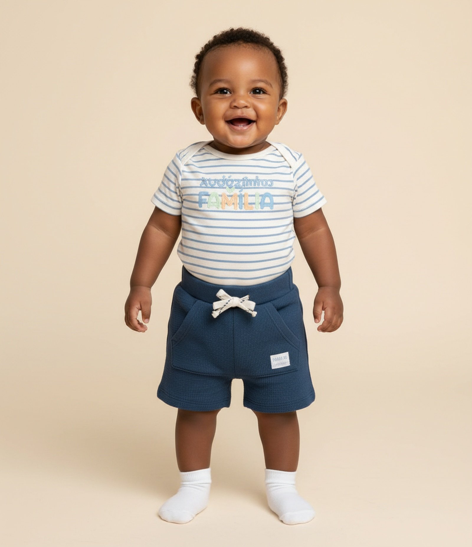 Bermuda Infantil com Bolso Canguru e Textura Waffle - Tam RN a 18 Meses Azul 1