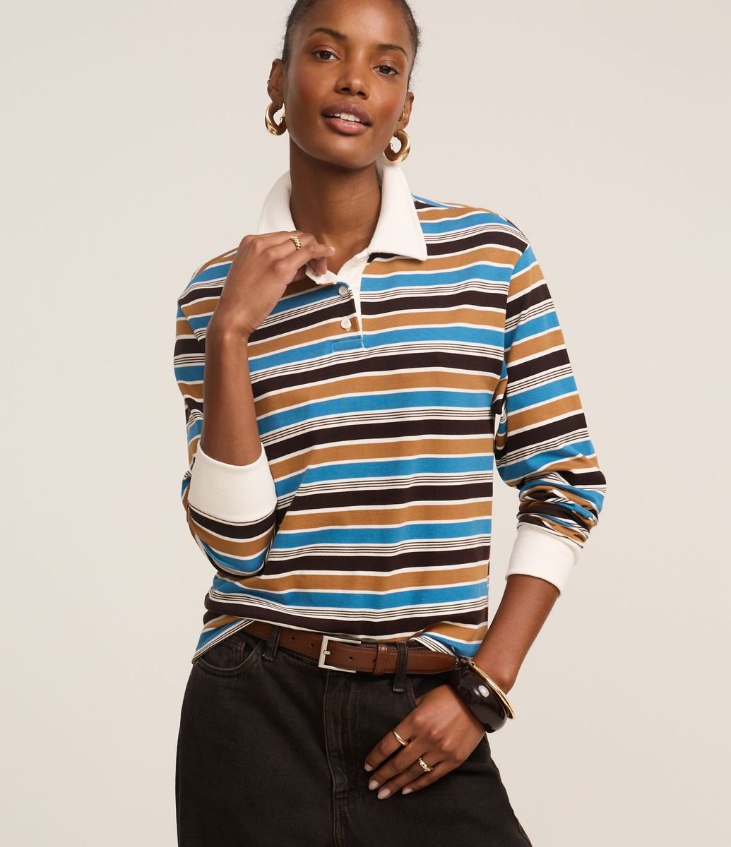 Blusa em Viscose com Gola Polo com Listras Variadas Marro/Bege