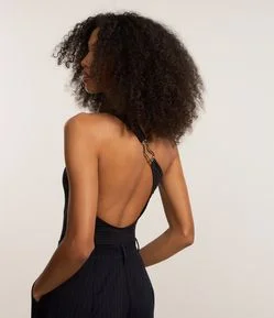 Body Ombro Único em Microfibra com Decote nas Costas e Aviamento Metalizado