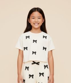 Camiseta Regular com Laços em Paetês - Tam 5 a 14 Anos