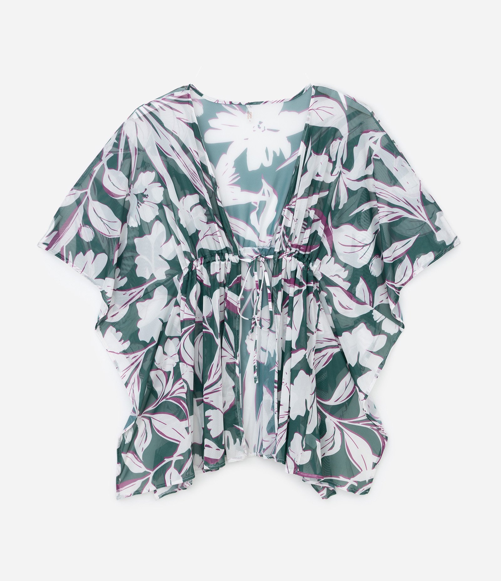 Saída de Praia Kaftan em Tule com Estampa Folhagem Curve & Plus Size Verde 5