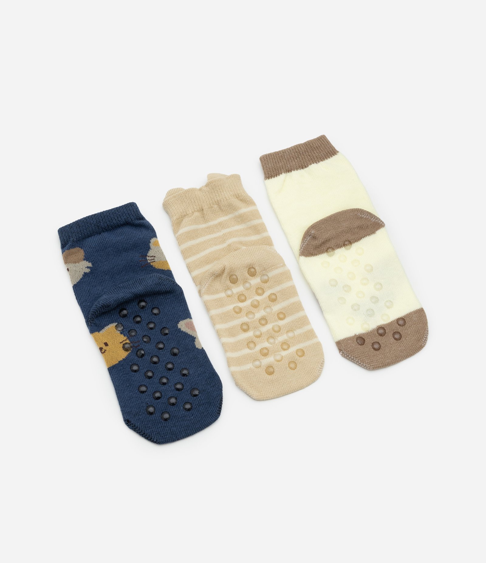 Kit 03 Meias Infantis em Algodão Peluciado com Estampa de Bichinhos - Tam 0 A 12 Meses Azul/Bege/Marrom 2