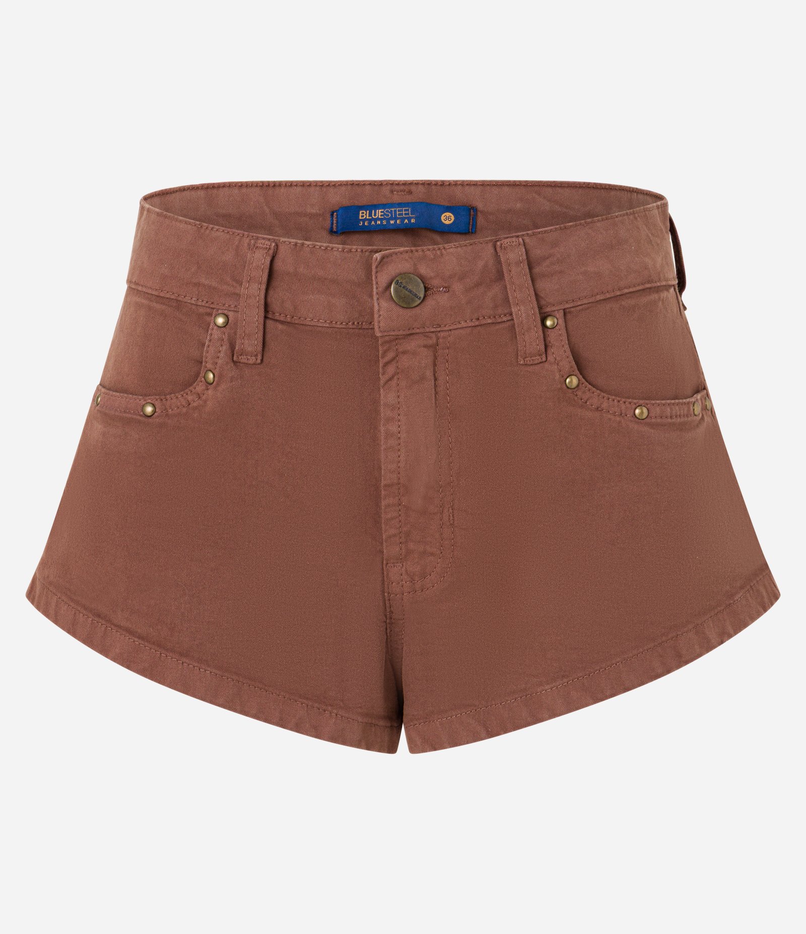 Short Curto em Sarja com Tachinhas Aplicadas no Bolso Marrom 5