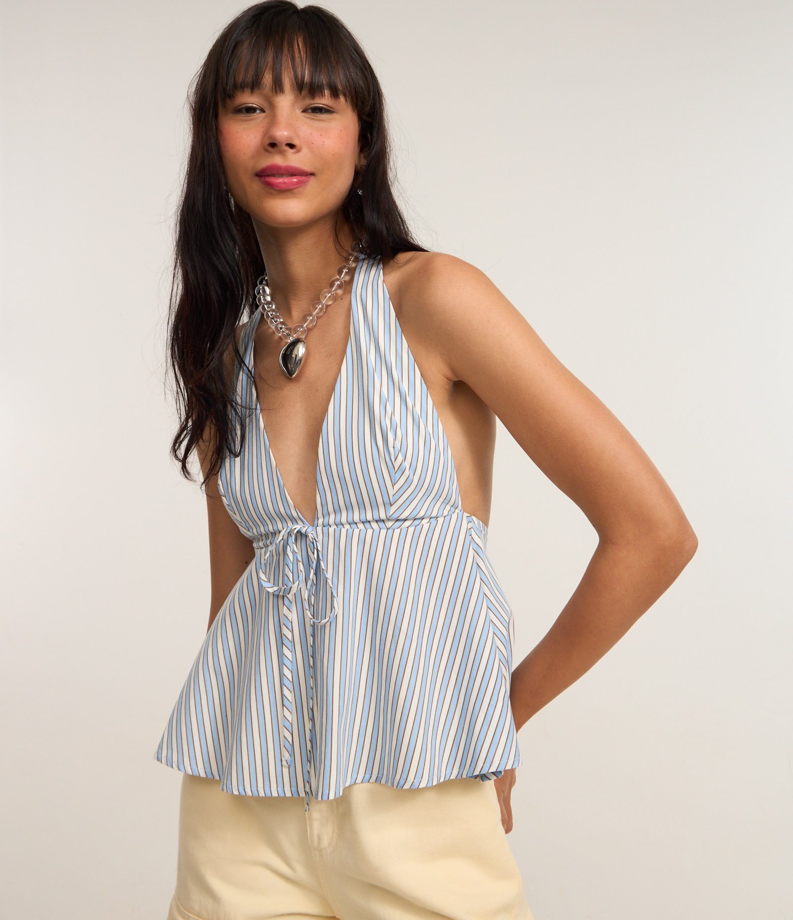 Blusa Peplum Frente Única em Tricoline Listrado com Lacinho Azul 2