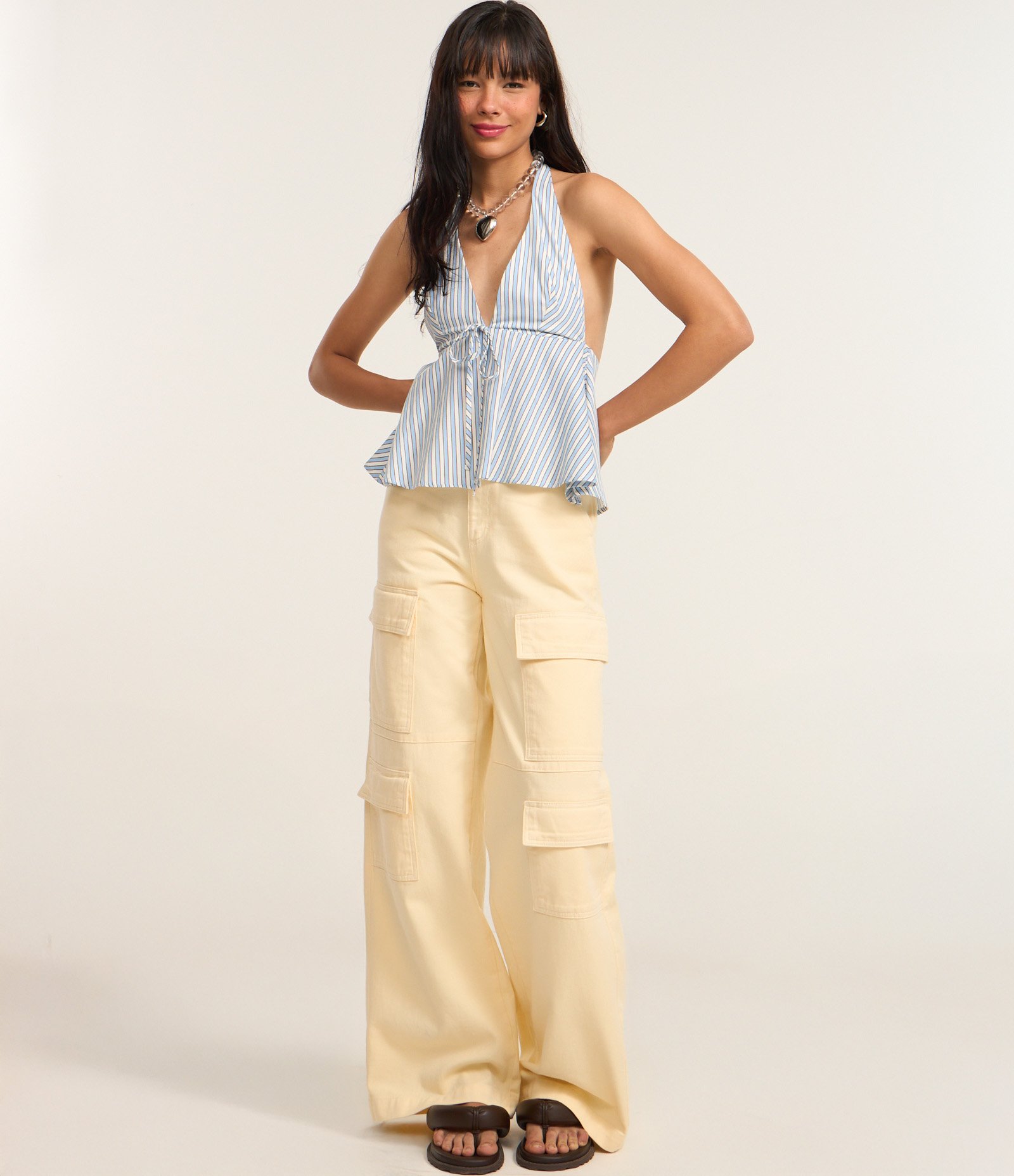 Blusa Peplum Frente Única em Tricoline Listrado com Lacinho Azul 3