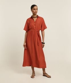 Vestido Chemise New Midi com Amarração na Cintura