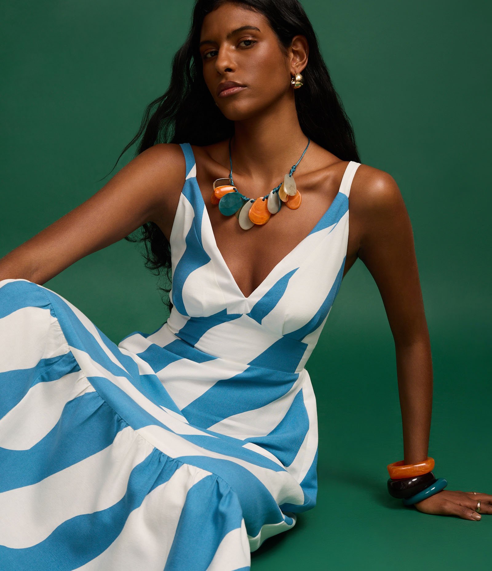 Vestido Evasê Long Midi em Viscolinho com Listras Diagonais Azul/Branco 6