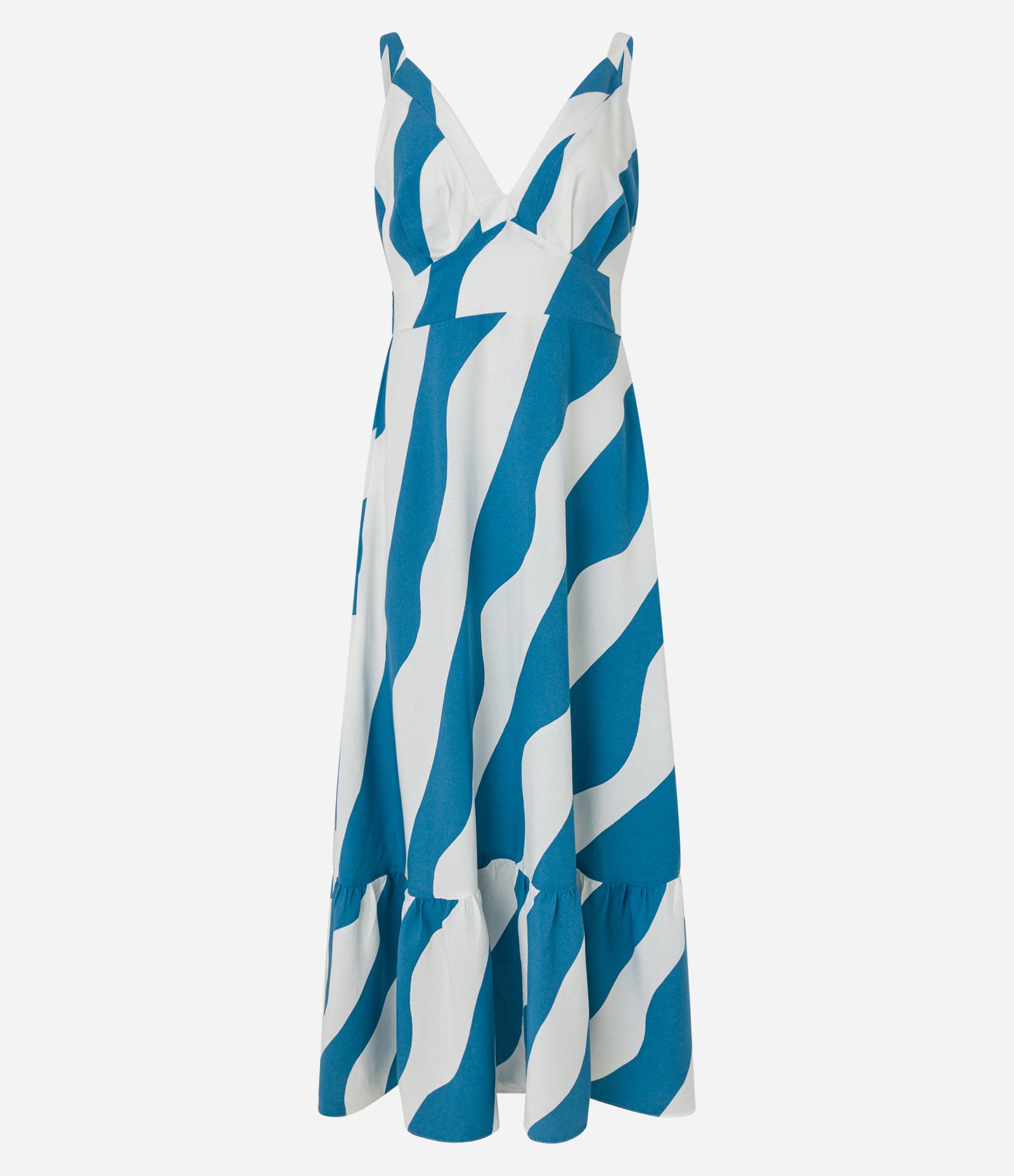 Vestido Evasê Long Midi em Viscolinho com Listras Diagonais Azul/Branco 7