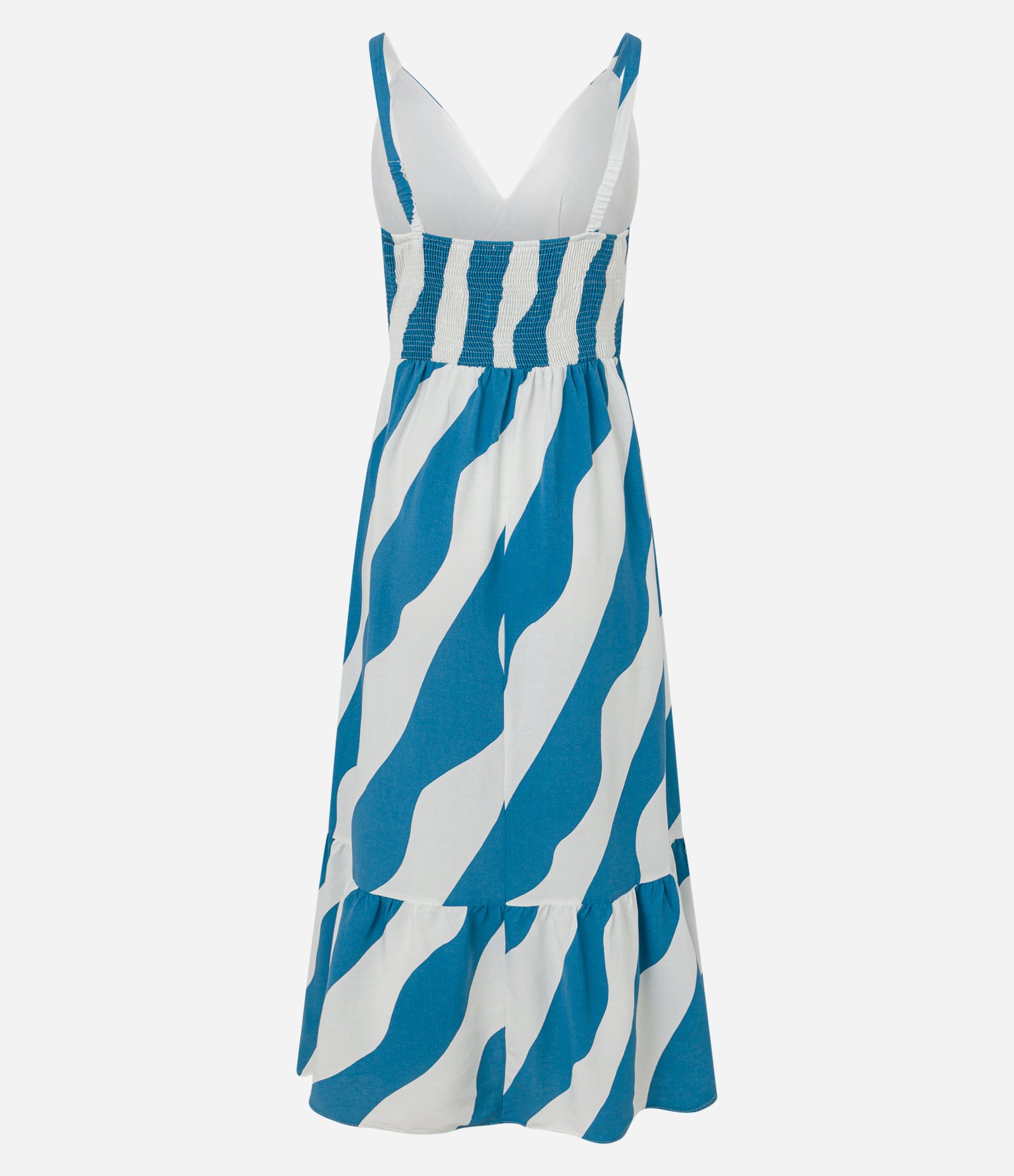 Vestido Evasê Long Midi em Viscolinho com Listras Diagonais Azul/Branco 8