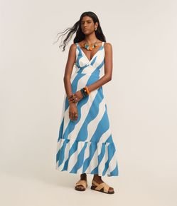 Vestido Evasê Long Midi em Viscolinho com Listras Diagonais