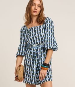 Macaquinho em Viscose Xadrez com Manga Bufante