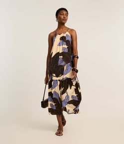 Vestido Evasê Frente Única em Viscose com Estampa Folhagem