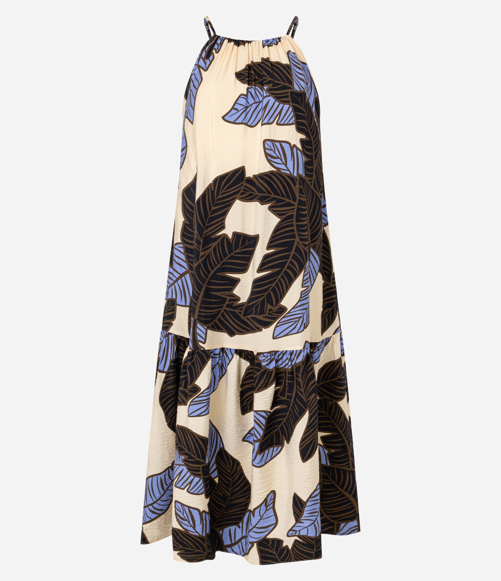 Vestido Evasê Frente Única em Viscose com Estampa Folhagem Bege/Azul/Preto 8