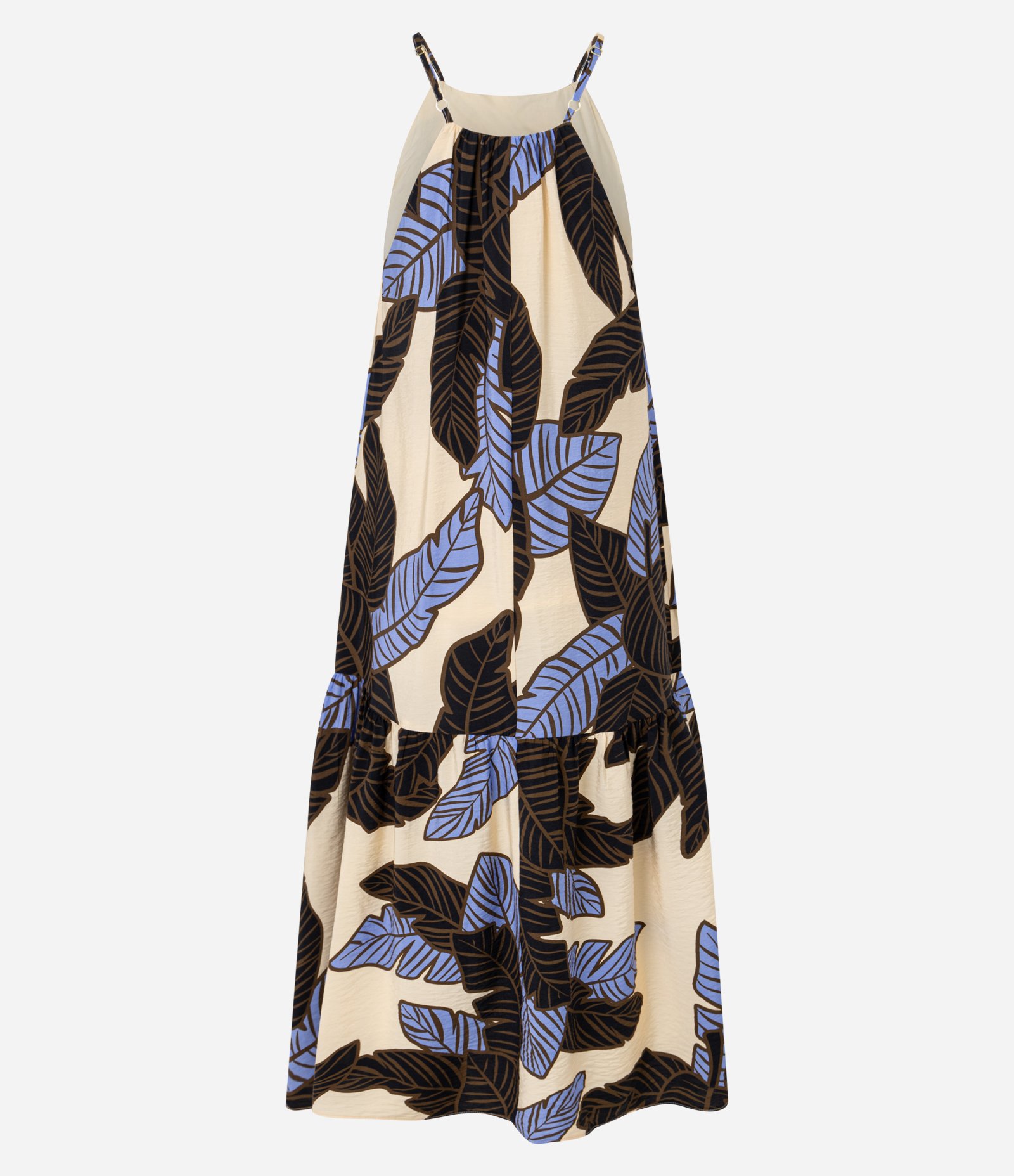 Vestido Evasê Frente Única em Viscose com Estampa Folhagem Bege/Azul/Preto 9
