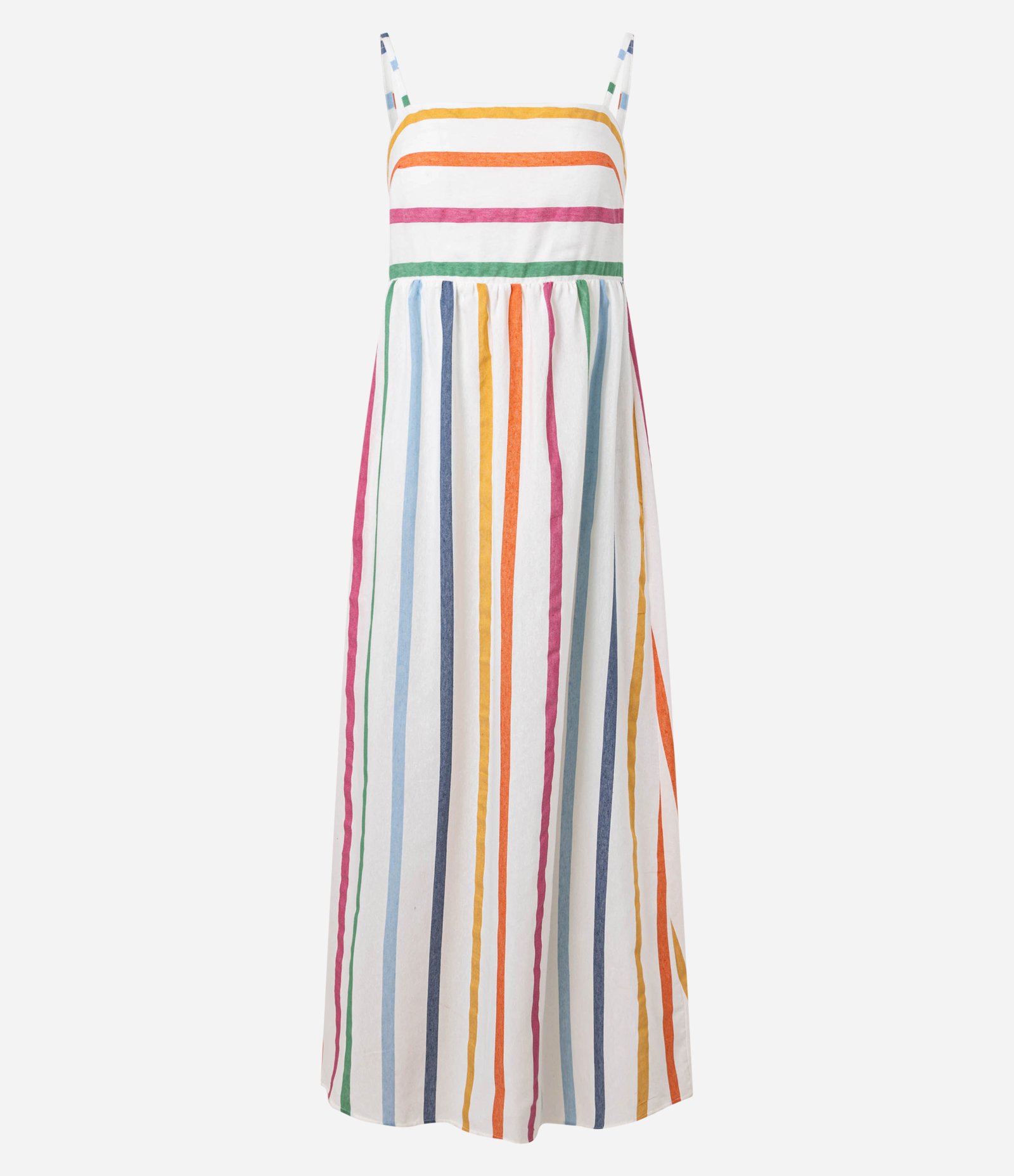Vestido Long Midi em Tricoline Estampado de Listras Coloridas Branco 4