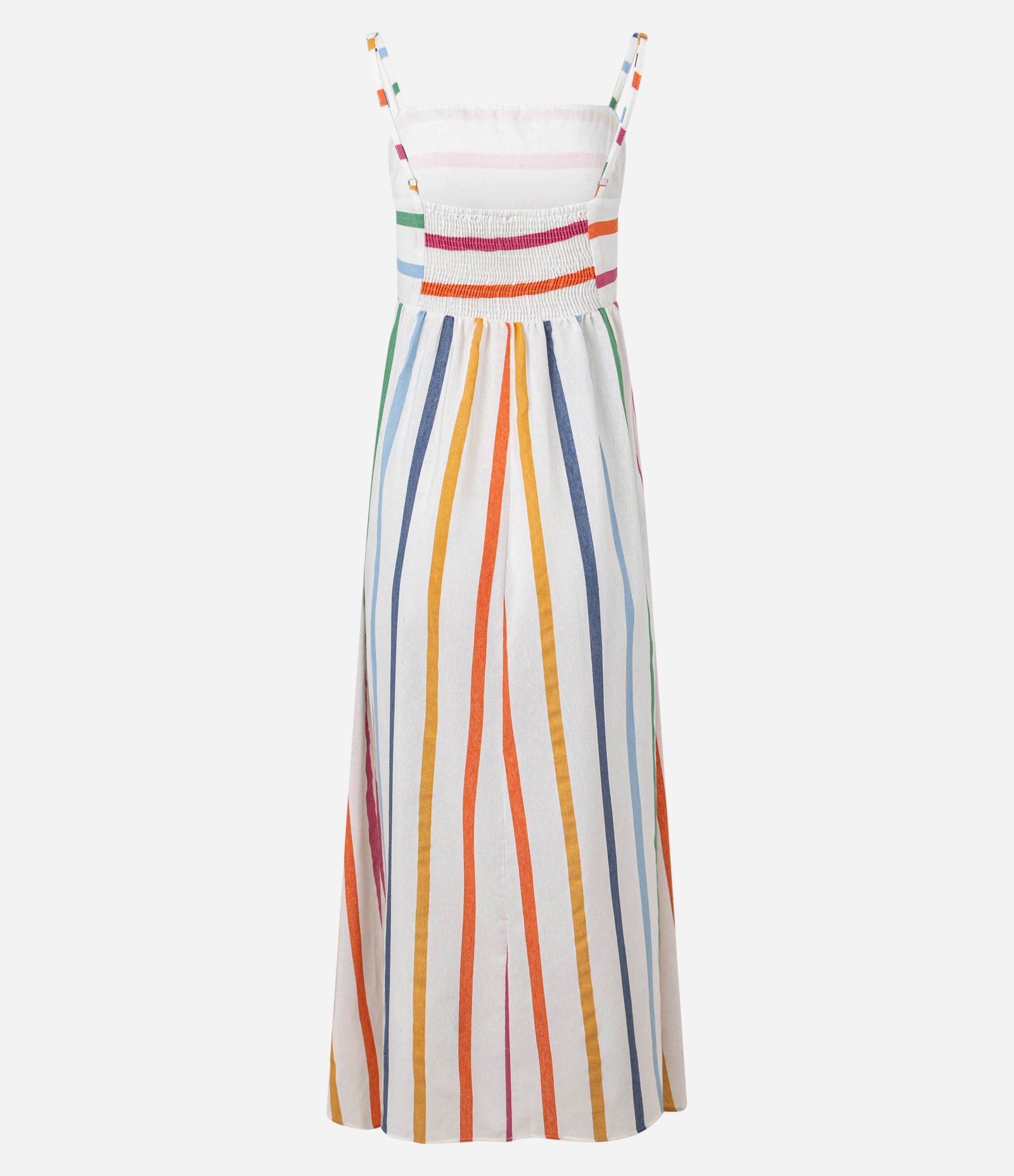 Vestido Long Midi em Tricoline Estampado de Listras Coloridas Branco 5