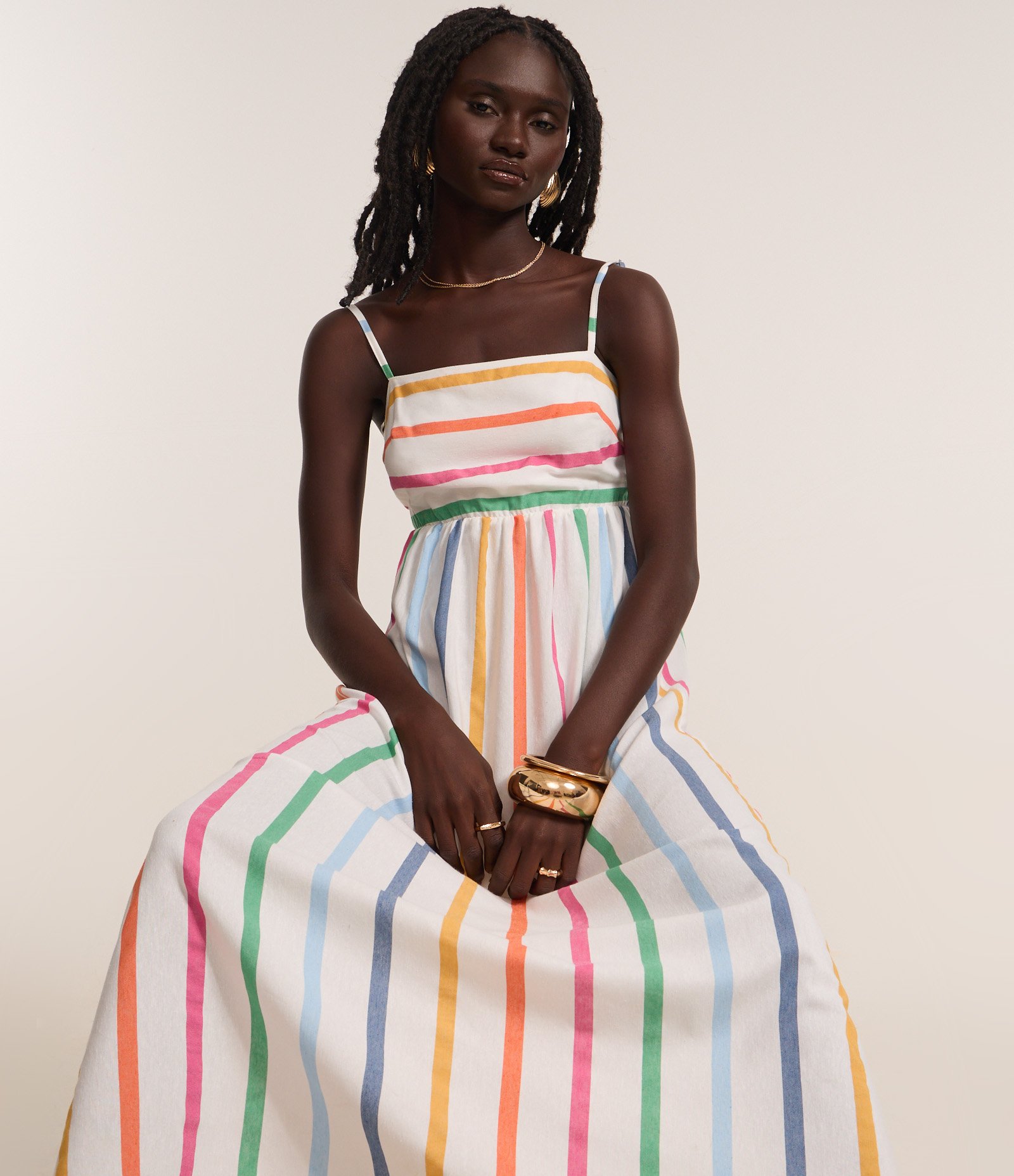 Vestido Long Midi em Tricoline Estampado de Listras Coloridas Branco 1