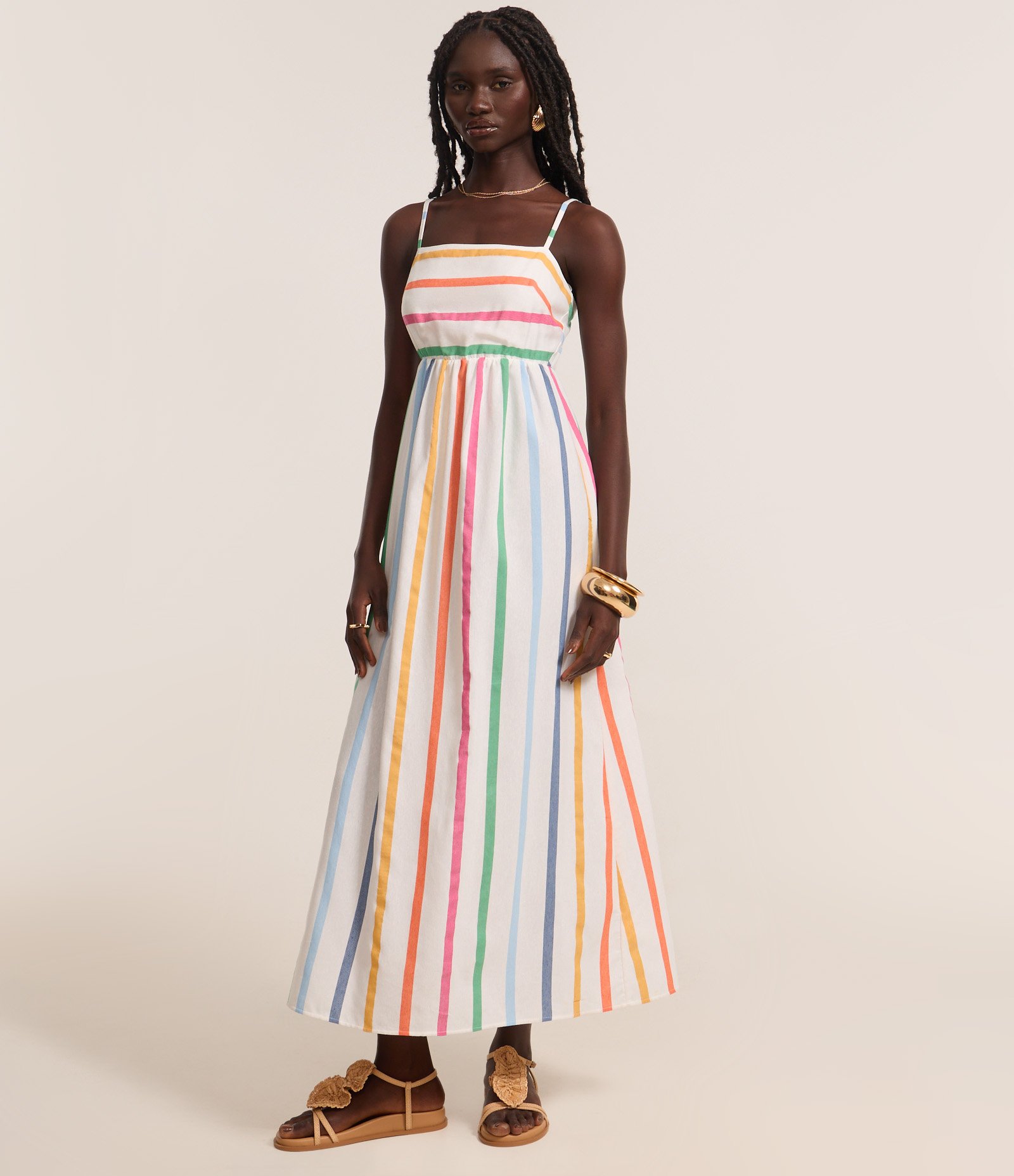 Vestido Long Midi em Tricoline Estampado de Listras Coloridas Branco 2