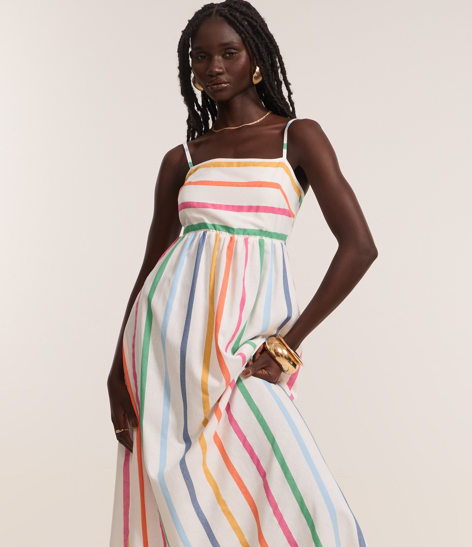 Vestido Long Midi em Tricoline Estampado de Listras Coloridas Branco 3