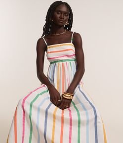 Vestido Long Midi em Tricoline Estampado de Listras Coloridas