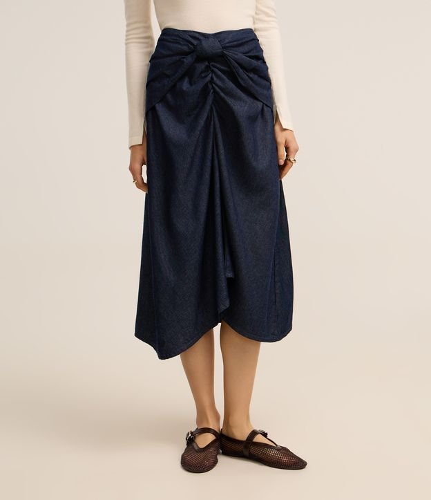 Saia Midi em Jeans Raw com Laço Frontal