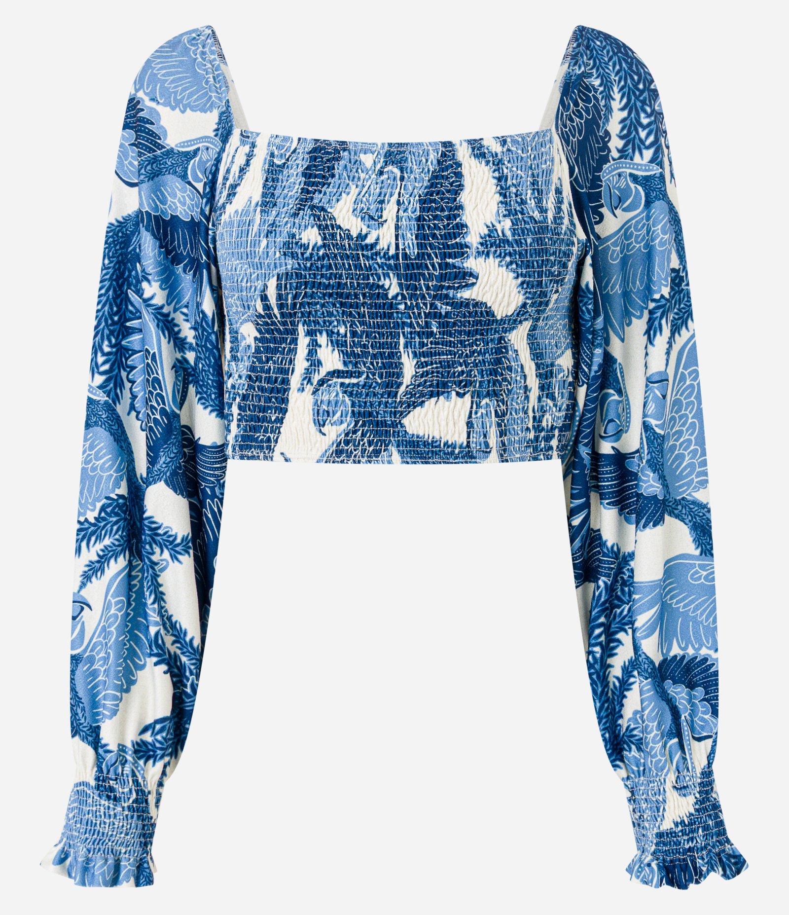 Blusa Cropped Texturizada em Lastex com Estampa Floral e Decote Quadrado Azul 4