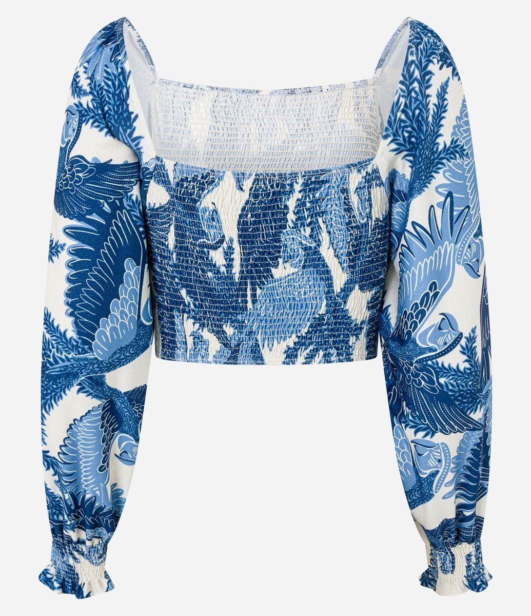 Blusa Cropped Texturizada em Lastex com Estampa Floral e Decote