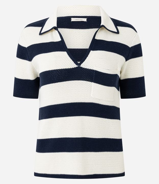 Blusa Listrada em Tricô com Gola Polo e Bolso